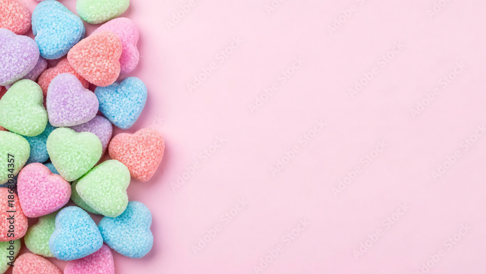 Obraz premium Heap Of Pastel Sugar-Coated Heart Gummy Candies On A Soft Pink Background, Perfect For Valentine's Day Or Romance.