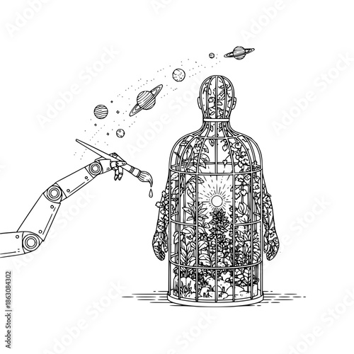 Robot Arm Uploading Planets into Humanoid Mind Control Device on White Background with space and sci-fi and futuristic in technology artificial intelligence for AI