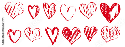 Vector collection of hand drawn red heart shapes. Minimal romantic doodle elements ideal for love designs, cards, posters, branding, tattoos, prints, and modern graphics. Valentines icons collection