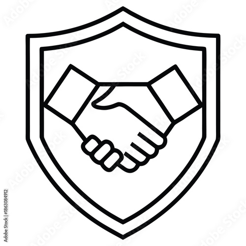 Business handshake inside shield frame representing security trust and partnership agreement
