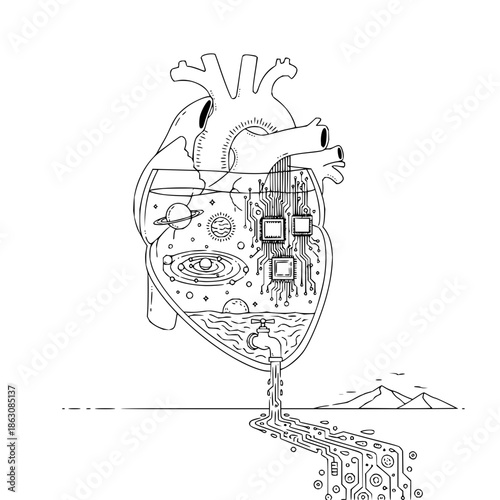 Mechanical Heart Releasing Circuitry into Desert Landscape with Mountains with futuristic and technology and innovation in line art illustration for black and white