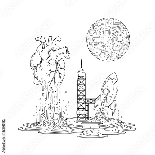 Cracked Heart Rocket Launching into Space beside Lunar Surface with moon and launch and broken in heartbreak sadness for isolation