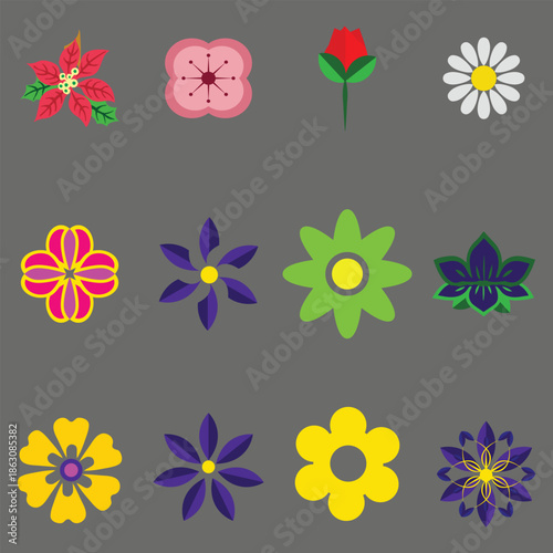 Flat spring floral elements. Blossom flowers