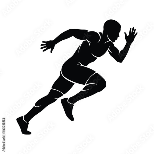 Silhouette of a running athlete in a dynamic sprinting pose on a white background