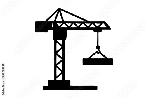 3D industrial illustration of a construction tower crane building a city structure on a white background as a business development symbol for architectural web design