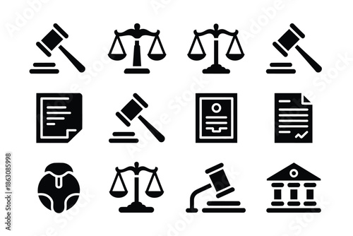 Twelve black icons represent legal system concepts including the gavel.