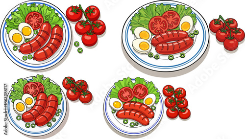 Delicious grilled sausages served with eggs lettuce and fresh tomatoes