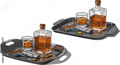 Two trays with whiskey bottles guns and spent bullet casings displayed