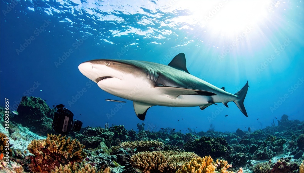 Fototapeta premium Majestic Reef Shark Swimming in Clear Blue Ocean Waters.