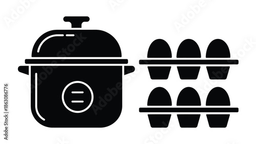 Egg cooker and two egg cartons depicted as black silhouettes on a white.