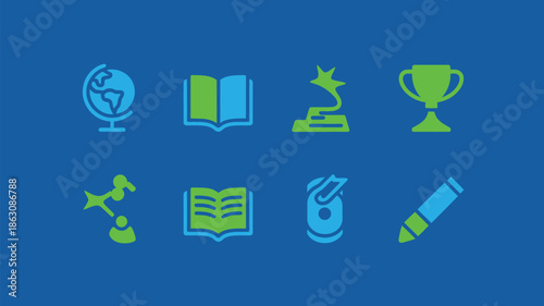 Icons of education and achievement, including globe, book, trophy, award,.