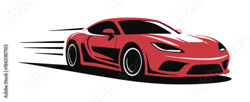 Red sports car racing forward at high speed, conveying dynamism and rapid.