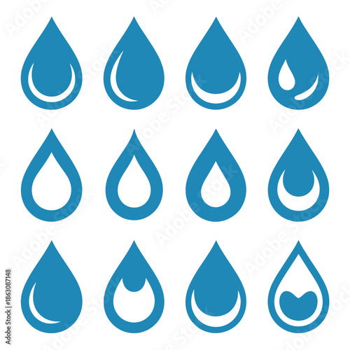 Collection of twelve blue water drop icons signifies purity and essential.