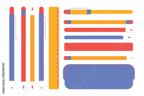 Colorful pencils, rulers, and a pencil case are neatly arranged, ready for.