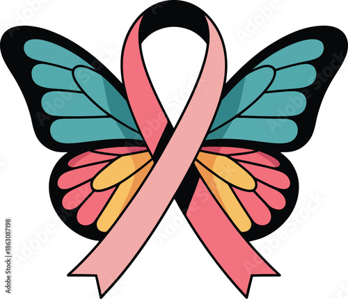 Cancer awareness butterfly logo with pink ribbon for charity and support campaign graphic
