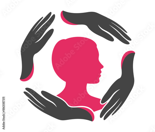 Four protective hands cradle a child's silhouette symbolizing safeguarding.