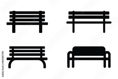 Collection of four distinct black park bench icons represents various public.