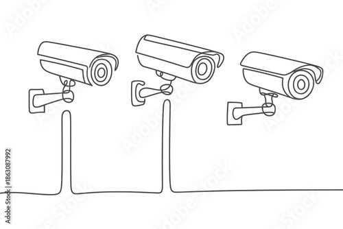 Three modern security cameras are mounted in a row for continuous surveillance.