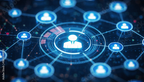 Digital Network: Illuminating the core of human connection with a glowing graphical representation, highlighting the essence of collaboration, communication and data exchange.