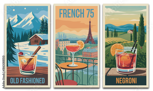 Cocktail travel poster triptych, Old Fashioned French 75 Negroni illustration, vintage drink artwork, scenic lifestyle bar decor print for cocktail lovers