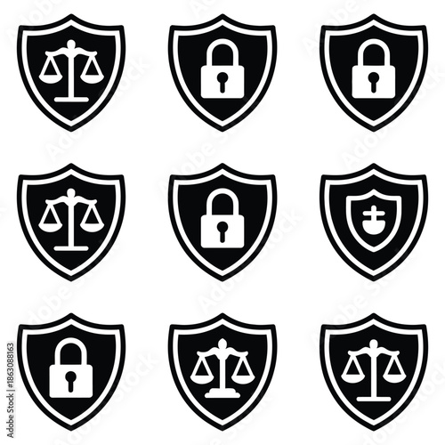Nine security shields feature icons for justice, locks, and protective.