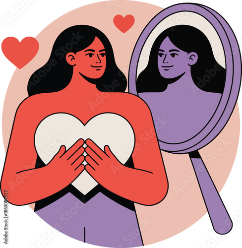 Woman embracing herself holding heart looking in mirror representing self acceptance and love logo design.