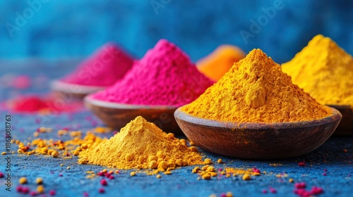 Vibrant colored powders, in wooden bowls, displayed against a textured blue backdrop