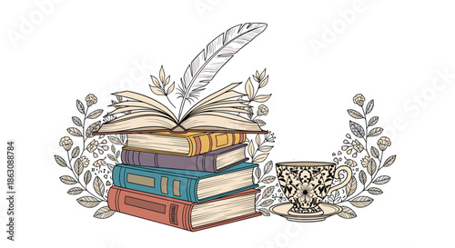 Beautiful composition with a stack of old books, an open book with a feather quill, and an ornate tea cup.