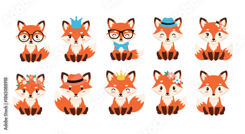 Set of ten adorable cartoon red foxes wearing various accessories including glasses, crowns, hats, and floral headbands for kids.