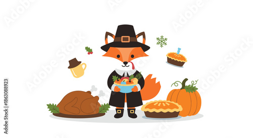 Cute cartoon fox dressed as a pilgrim holding a bowl of fruit surrounded by Thanksgiving symbols like turkey, pumpkin, and pies.