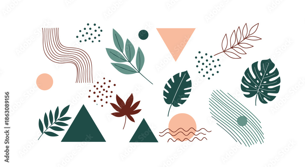 Fototapeta premium Contemporary abstract composition of geometric shapes, wavy lines, and tropical leaf silhouettes in a minimalist style.