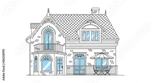 Detailed architectural line drawing of a classic European-style mansion with blue tinted windows and decorative balcony.