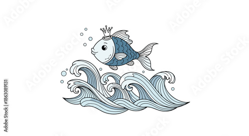 Whimsical illustration of a cute blue fish wearing a crown jumping over stylized ocean waves with splashing water drops.