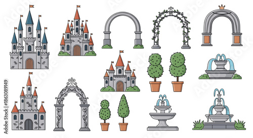 Elegant set of architectural and garden elements including fairy tale castles, stone arches, topiary, and water fountains.