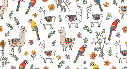 Exotic seamless pattern featuring cute white llamas, colorful parrots, and tropical flowers on a clean white background.