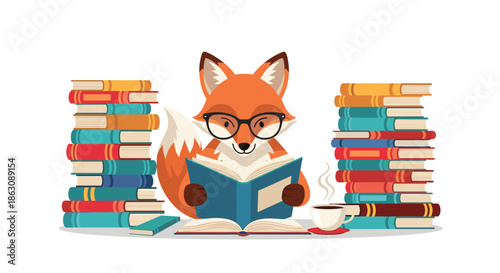 Intelligent cartoon fox wearing black glasses and reading a book while sitting between two tall stacks of colorful books.