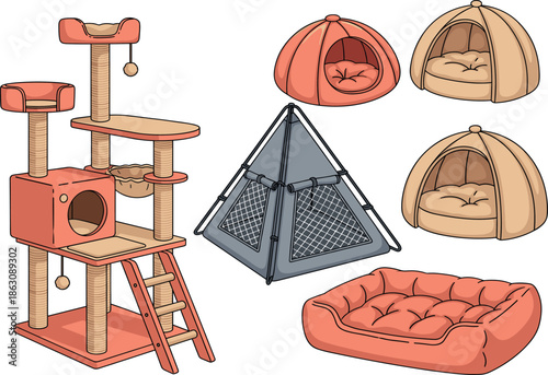 Set of cat tree tower house and various cozy pet beds with scratching post flat vector illustration isolated on white background for pet care supplies.