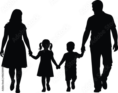 Silhouette of a happy family walking together