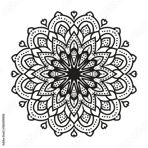 Intricate Floral Mandala with Symmetrical Petals, Ornamental Curves and Detailed Sacred Geometry in Elegant Black and White Line Art 