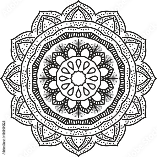 Intricate Floral Mandala with Symmetrical Petals, Ornamental Curves and Detailed Sacred Geometry in Elegant Black and White Line Art 
