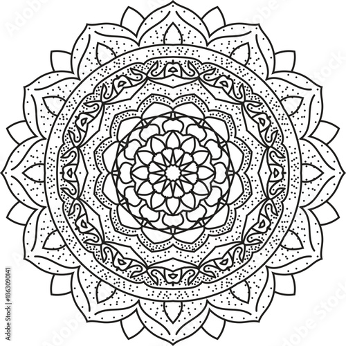 Intricate Floral Mandala with Symmetrical Petals, Ornamental Curves and Detailed Sacred Geometry in Elegant Black and White Line Art 
