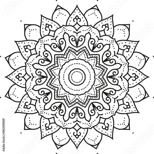 Intricate Floral Mandala with Symmetrical Petals, Ornamental Curves and Detailed Sacred Geometry in Elegant Black and White Line Art 
