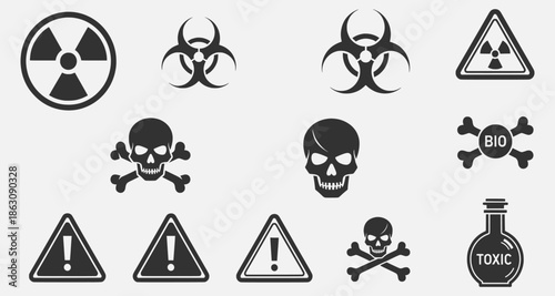 Black and white illustration of hazardous symbols and warning signs