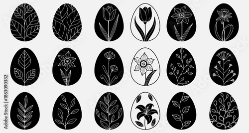 Collection of decorated eggs with various botanical designs in black and white