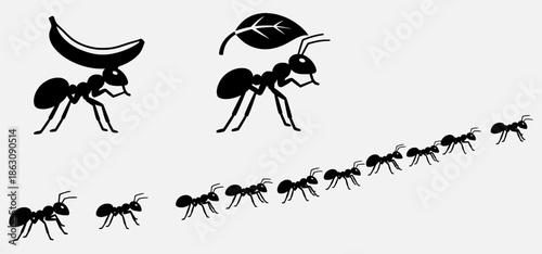 Ants marching in a line with food illustrations in a graphic design