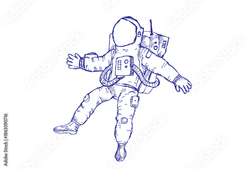 Drawing of an Astronaut floating or traveling in space. Space Tourism concept.