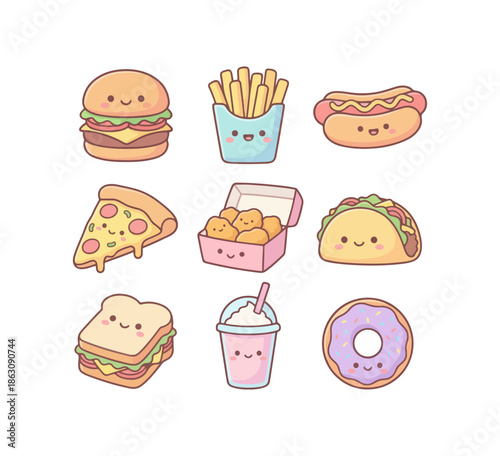 Cartoon food collection of smiling dishes for menu design