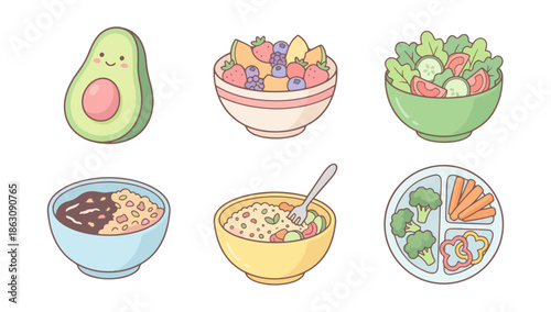 Healthy food assortment avocado fruit bowls salad rice grain vegetables