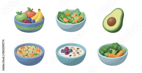 Healthy food assortment bowls fresh fruits vegetables isolated black background
