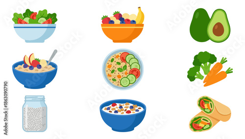 Healthy food assortment colorful bowls fresh ingredients vector illustration